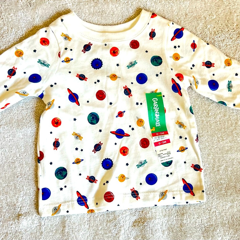 Newborn Boys Garanimals Brand White Long Sleeve Colorful Planet Shirt Size 0-3 M